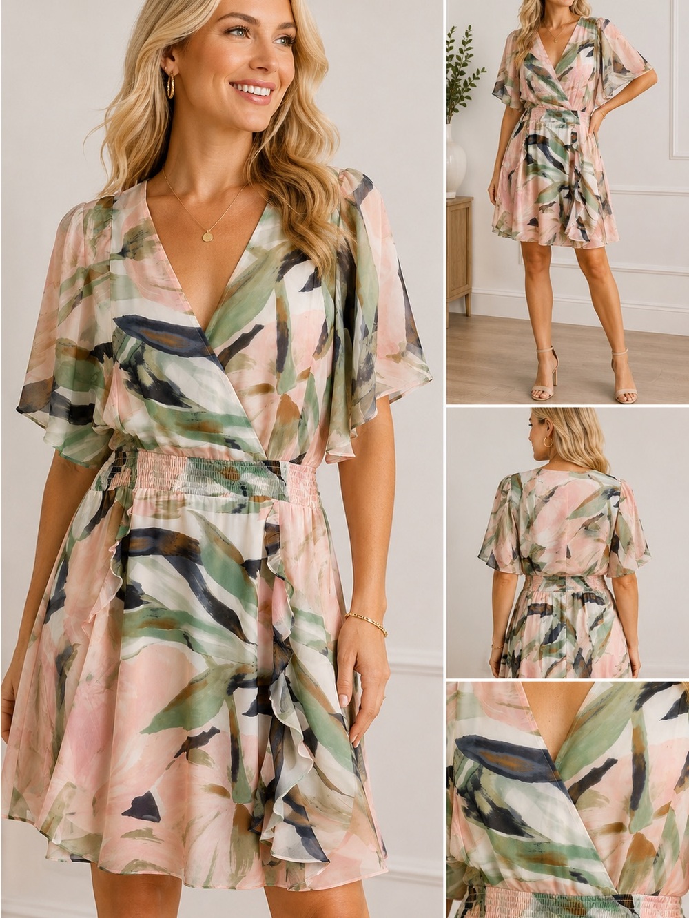 White House Black Market Watercolor Floral Flutter Sleeve Dress Size XL (NWT) - Picture 2 of 7